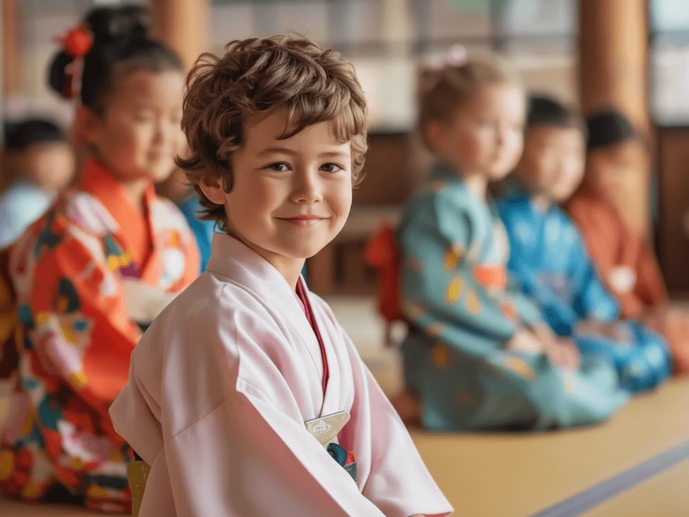 Dr. Grenon's feature photo for her keynote speaker talk on cultural identity, with a young white boy dressed in Japanese yukata sitting in a tatami room.