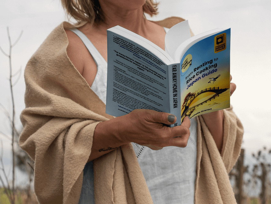 Woman reading the best guidebook for expats in Japan: Japan Guide from Renting to Rice Cooking.