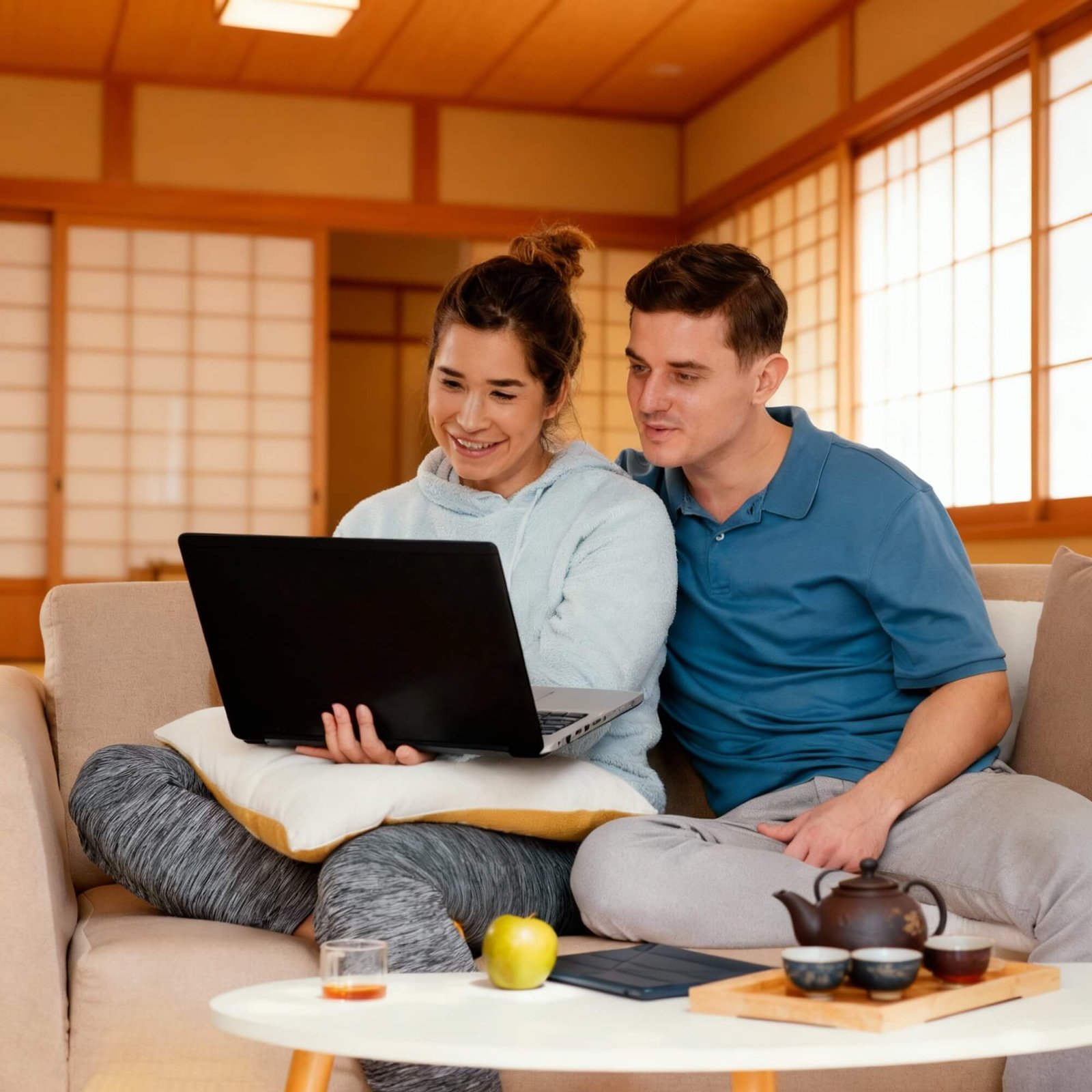 Couple watching a webinar from the living in japan series by Dr. Izabelle Grenon